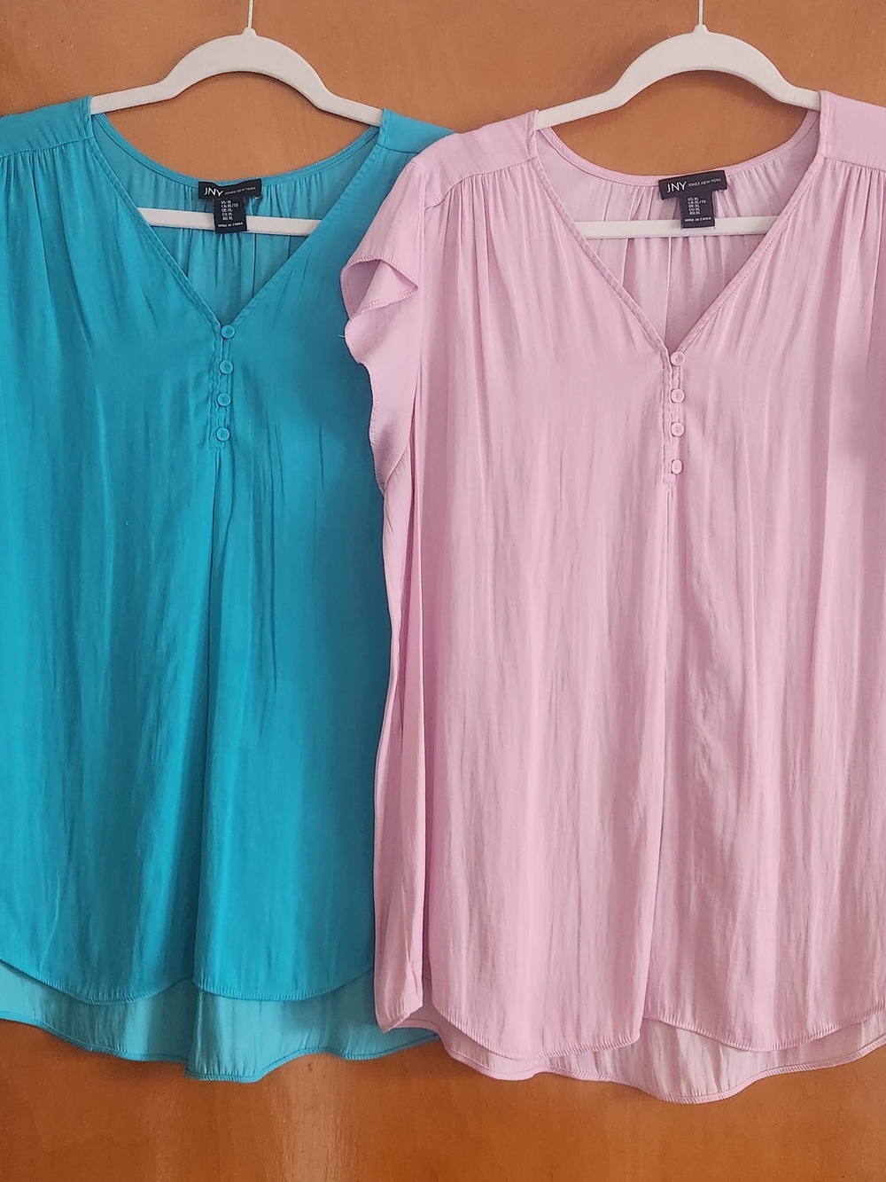Jones New York Teal and Light Pink V-Neck Button Tunics